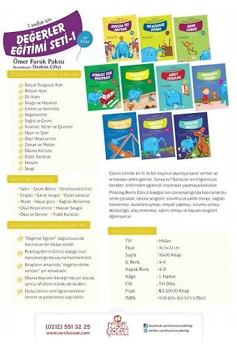 1. Sınıflar İçin Değerler Eğitimi Seti (10 Kitap)