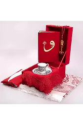 Bayrak + Fincan + Şal + Seccade + Tesbih + Kuran Hediye Seti (Hafız Boy, Kırmızı, Vav Motifli)