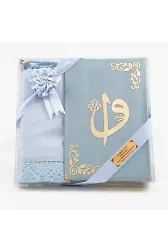 Şal + Seccade + Tesbih + Kuran Hediye Seti (Çanta Boy, Kadife, Açık Mavi)