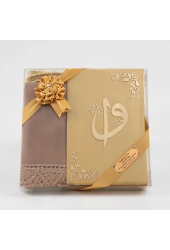 Şal + Seccade + Tesbih + Kuran Hediye Seti (Hafız Boy, Kadife, Gold)