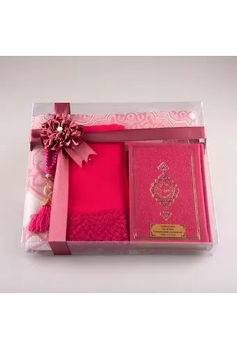 Şal + Seccade + Tesbih + Kuran Hediye Seti (Çanta Boy, Fuşya Pembe)