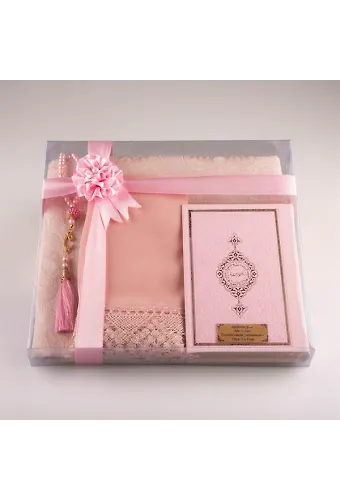 Şal + Seccade + Tesbih + Kuran Hediye Seti (Çanta Boy, Toz Pembe)