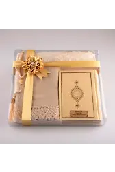 Şal + Seccade + Tesbih + Kuran Hediye Seti (Çanta Boy, Gold)