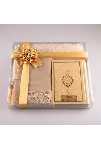 Şal + Seccade + Tesbih + Kuran Hediye Seti (Çanta Boy, Gold)