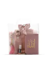Seccade + Eşarp + Esans + Tesbih + Zikirmatik + Büyük Cep Boy Kadife Kuran Seti (Nakışlı, Pembe)