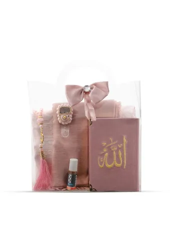 Seccade + Eşarp + Esans + Tesbih + Zikirmatik + Büyük Cep Boy Kadife Kuran Seti (Nakışlı, Pembe)