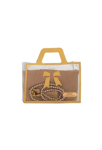 Flamlı Eşarp (96x96 cm) + Tesbih Hediye Seti (Gold)