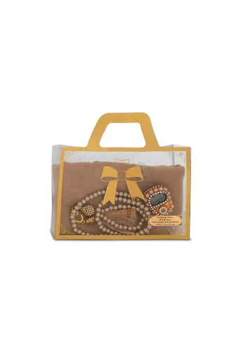 Flamlı Eşarp (96x96 cm) + Tesbih + Zikirmatik Hediye Seti (Gold)