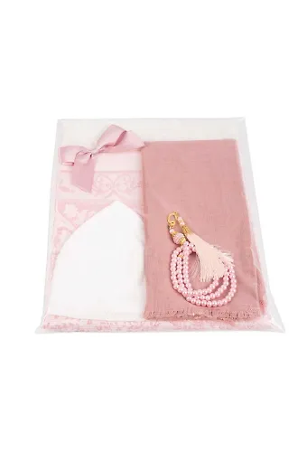Flamlı Eşarp, Takke, Seccade, Tesbih Hediye Seti (Pembe)