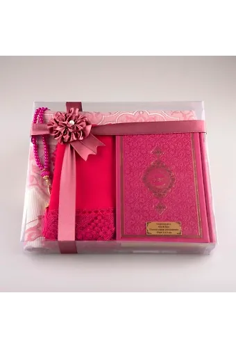 Şal + Seccade + Tesbih + Kuran Hediye Seti (Hafız Boy, Fuşya Pembe)