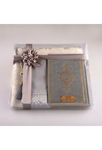 Şal + Seccade + Tesbih + Kuran Hediye Seti (Hafız Boy, Gri)