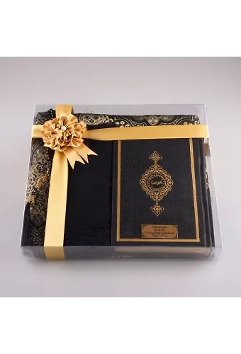 Şal + Seccade + Tesbih + Kuran Hediye Seti (Hafız Boy, Siyah)