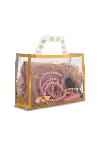 İğne Oyalı Şal + Tesbih + Zikirmatik + Esans Hediye Seti (Pembe)