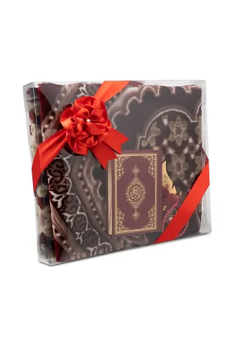Kadife Seccade (120x70) + Tesbih + Zikirmatik + Ayraç + Çanta Boy Kuran Hediye Seti (Bordo)