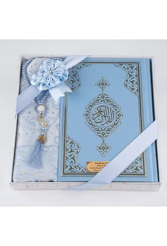 Kuran + Seccade + Tesbih Hediye Seti (Hafız Boy, Ekonomik Cilt, Desenli Kutu, Açık Mavi)