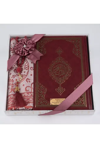 Kuran + Seccade + Tesbih Hediye Seti (Hafız Boy, Ekonomik Cilt, Desenli Kutu, Bordo)
