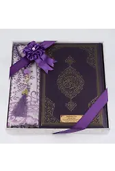 Kuran + Seccade + Tesbih Hediye Seti (Hafız Boy, Ekonomik Cilt, Desenli Kutu, Mor)