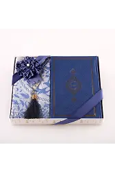 Kuran + Seccade + Tesbih Hediye Seti (Hafız Boy, Termo Deri, Desenli Kutu, Lacivert)
