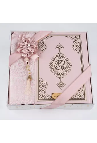 Kuran + Seccade + Tesbih Hediye Seti (Hafız Boy, Ekonomik Cilt, Desenli Kutu, Pembe)