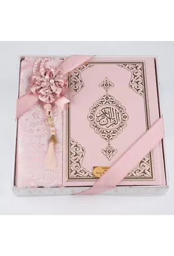 Kuran + Seccade + Tesbih Hediye Seti (Orta Boy, Ekonomik Cilt, Desenli Kutu, Pembe)