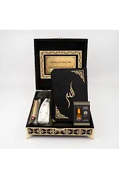 Kuran + Seccade + Tesbih + Takke + Misvak + Esans Hediye Seti (Orta Boy, Raşel Kare Kutu, Siyah)