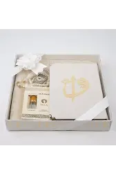 Kuran + Seccade + Tesbih + Zikirmatik + Koku Hediye Seti (Çanta Boy, Kadife, Beyaz)