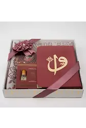 Kuran + Seccade + Tesbih + Zikirmatik + Koku Hediye Seti (Çanta Boy, Kadife, Bordo)