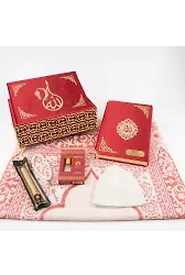 Kuran + Seccade + Tesbih + Takke + Esans + Misvak Hediye Seti (Orta Boy, Raşel Cilt, Bordo)