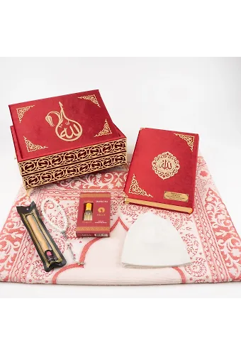 Kuran + Seccade + Tesbih + Takke + Esans + Misvak Hediye Seti (Orta Boy, Raşel Cilt, Bordo)