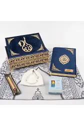 Kuran + Seccade + Tesbih + Takke + Esans + Misvak Hediye Seti (Orta Boy, Raşel Cilt, Lacivert)