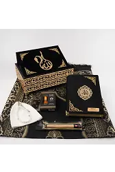 Kuran + Seccade + Tesbih + Takke + Esans + Misvak Hediye Seti (Orta Boy, Raşel Cilt, Siyah)