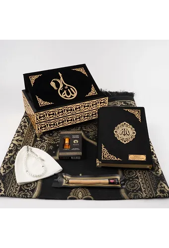 Kuran + Seccade + Tesbih + Takke + Esans + Misvak Hediye Seti (Orta Boy, Raşel Cilt, Siyah)