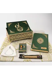 Kuran + Seccade + Tesbih + Takke + Esans + Misvak Hediye Seti (Orta Boy, Raşel Cilt, Yeşil)