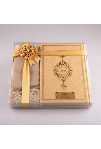 Şal + Seccade + Tesbih + Kuran Hediye Seti (Orta Boy, Gold)