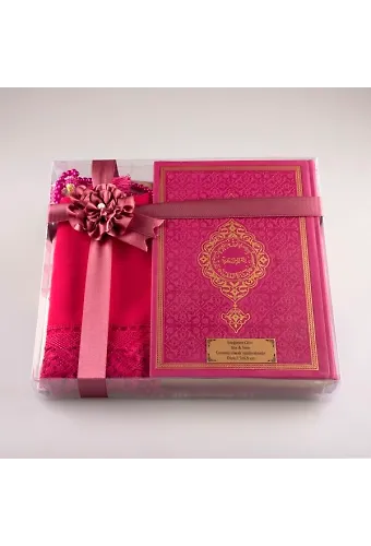 Şal + Seccade + Tesbih + Kuran Hediye Seti (Orta Boy, Fuşya Pembe)