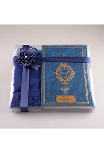 Şal + Seccade + Tesbih + Kuran Hediye Seti (Orta Boy, Lacivert)