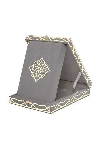 Kadife Kutulu Kuranı Kerim (Hafız Boy, Pleksili Desen, Gri)