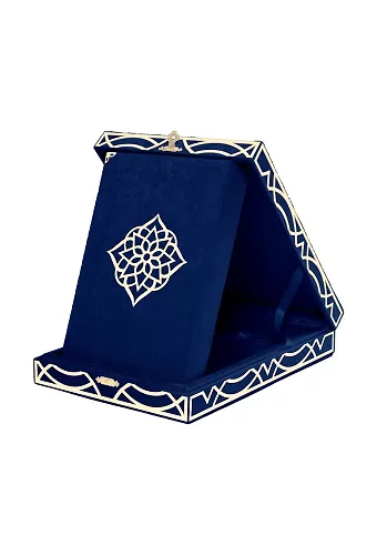 Kadife Kutulu Kuranı Kerim (Orta Boy, Pleksili Desen, Lacivert)