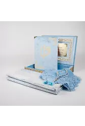 Raşel Kutulu, Şal + Seccade + Tesbih + Kuran Hediye Seti (Orta Boy, Bebe Mavi, Elif-Vav)