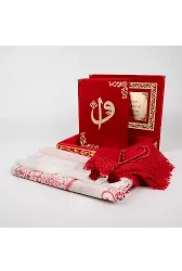 Raşel Kutulu, Şal + Seccade + Tesbih + Kuran Hediye Seti (Orta Boy, Kırmızı, Elif-Vav)