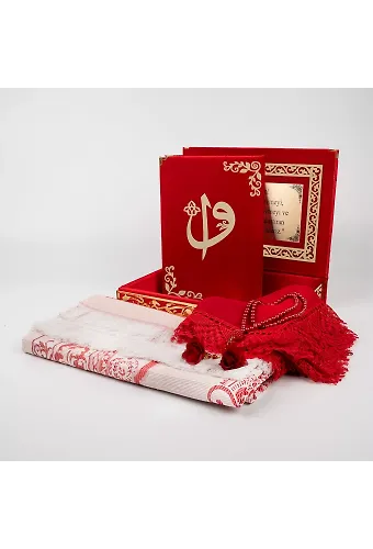 Raşel Kutulu, Şal + Seccade + Tesbih + Kuran Hediye Seti (Orta Boy, Kırmızı, Elif-Vav)