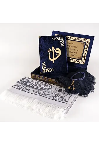 Raşel Kutulu, Şal + Seccade + Tesbih + Kuran Hediye Seti (Orta Boy, Lacivert, Elif-Vav)