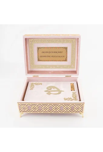 Raşel Kutulu Pleksi Desen Kuranı Kerim (Orta Boy, Pembe)
