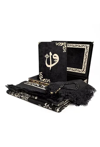 Raşel Kutulu, Şal + Seccade + Tesbih + Kuran Hediye Seti (Orta Boy, Siyah, Elif-Vav)