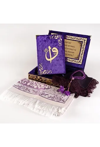 Raşel Kutulu, Şal + Seccade + Tesbih + Kuran Hediye Seti (Orta Boy, Mor, Elif-Vav)