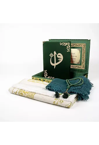 Raşel Kutulu, Şal + Seccade + Tesbih + Kuran Hediye Seti (Orta Boy, Yeşil, Elif-Vav)