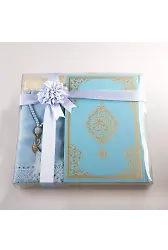 Şal + Seccade + Tesbih + Kuran Hediye Seti (Hafız Boy, Ekonomik Cilt, Açık Mavi)