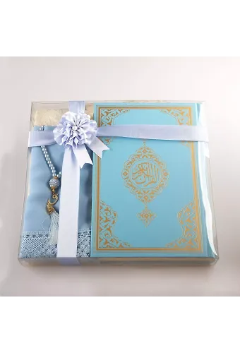 Şal + Seccade + Tesbih + Kuran Hediye Seti (Hafız Boy, Ekonomik Cilt, Açık Mavi)