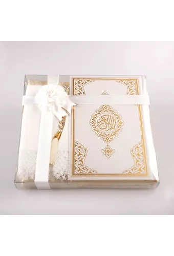 Şal + Seccade + Tesbih + Kuran Hediye Seti (Hafız Boy, Ekonomik Cilt, Beyaz)