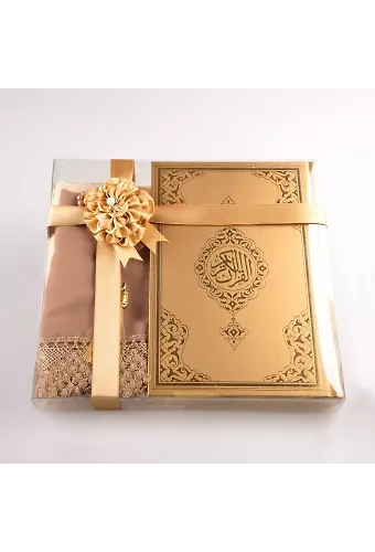 Şal + Seccade + Tesbih + Kuran Hediye Seti (Hafız Boy, Ekonomik Cilt, Gold)